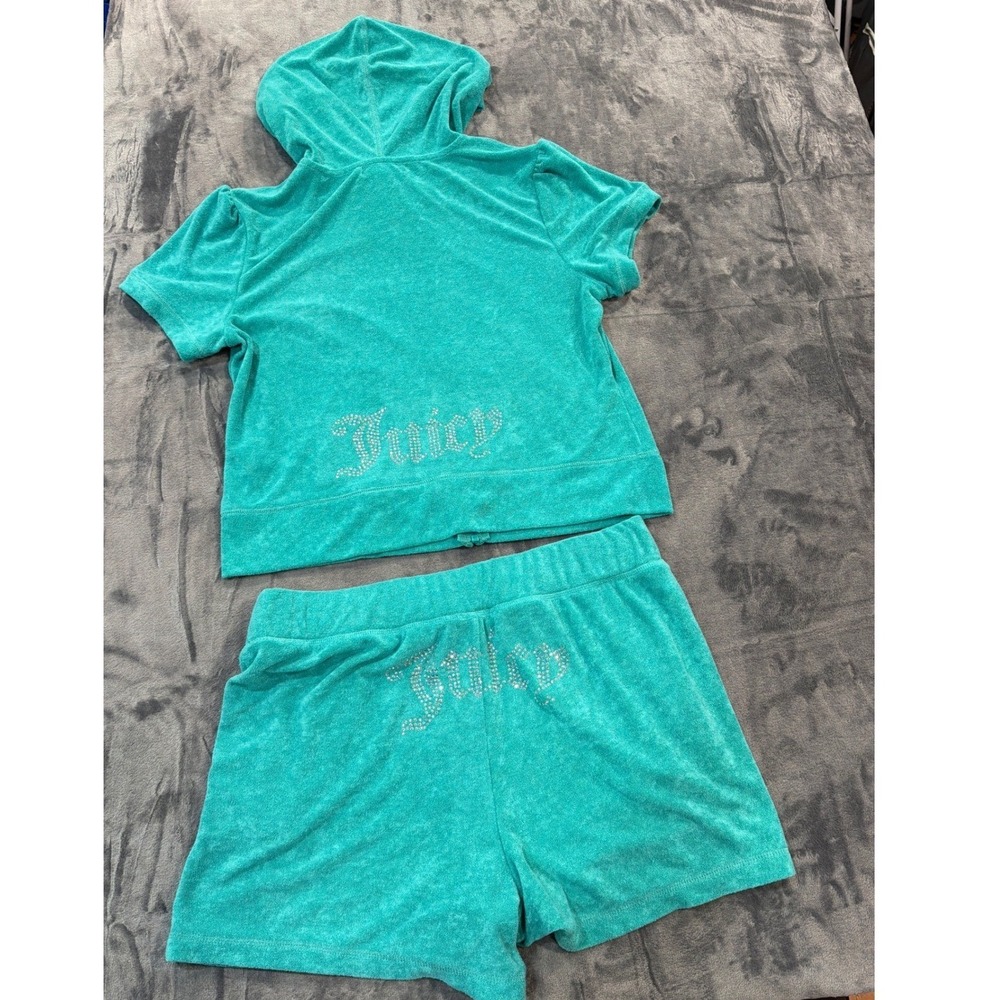 NWT Juicy Couture Terry Hoodie and Shorts Set Coastal Teal Rhinestone Large